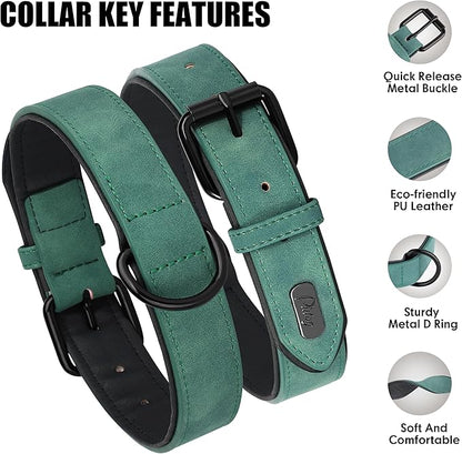 Didog Soft Padded Leather Dog Collar, Breathable Heavy Duty Dog Collar Leather with Adjustable Rust-Proof Metal Buckle for Small Medium Large Dogs, Green, M: Total length 16&