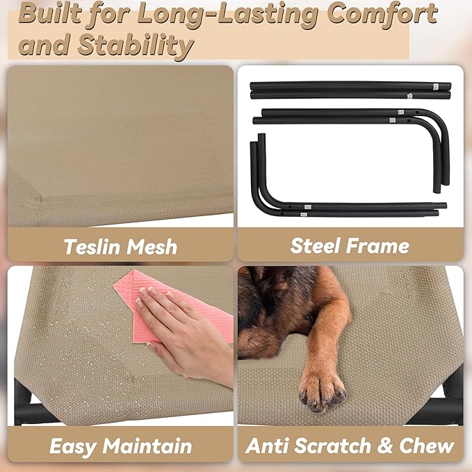 PHYEX Raised Pet Cot for Small Pets, Elevated Dog Bed with Breathable Mesh, Sturdy Steel Frame for Indoor &amp; Outdoor Use, Non-Slip Design, Easy Clean, 33-Inch Brown