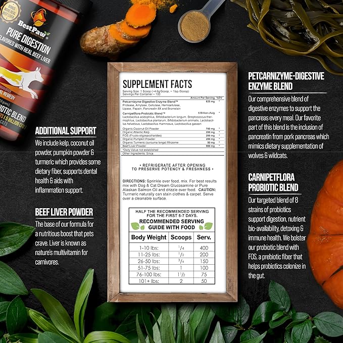 Dog &amp; Cat Premium Probiotic Prebiotic &amp; Digestive Enzymes 5 Billion CFU Organic Turmeric Coconut Oil Pure Pumpkin &amp; Kelp for Healthy Bowels Gut &amp; UTIs Beef Liver Flavor