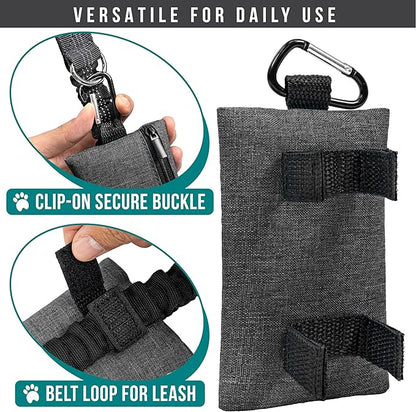 PetAmi Dog Poop Bag Holder for Leash, Dog Waste Bag Dispenser with Clip, Treat Pouch, Walking &amp; Camping Accessories with Trash Bag Roll, Gray/Black 2 Pack
