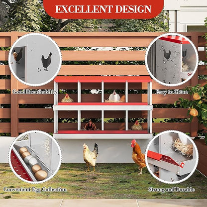 8 Hole Chicken Nesting Box with Roll Out Egg Tray, Rustproof &amp; Ventilated Chicken Laying Boxes for Hens, Chickens, Ducks | Easy-Clean Poultry Coop Accessories