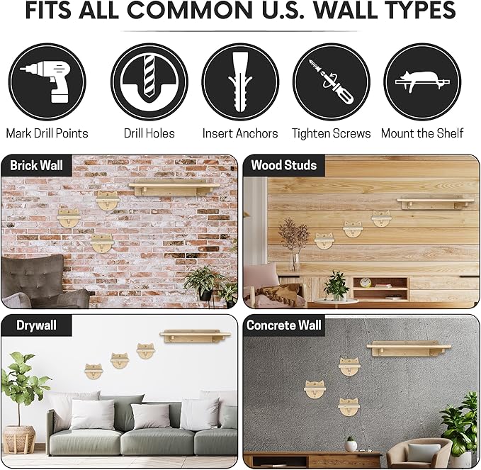 Snuggle &amp; Play Cat Wall Shelves with Suction Cup Wand – 3 Mounted Steps, Climbing Wall Shelves and Furniture with Cat Wand