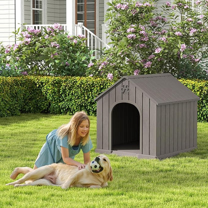Large Dog House Outdoor Indoor for Medium Large Dogs, Durable Plastic Waterproof Doghouse with Air Vents and Elevated Floor, Easy Clean and Assemble (Grey, 36.2&