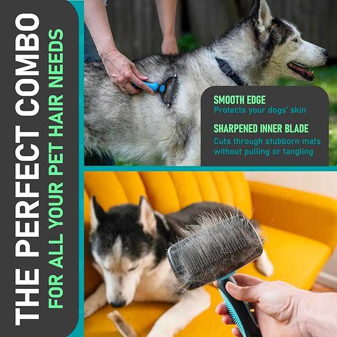 Maxpower Planet Dog Rake and Dog Hair Brush - Gently Removes Loose Undercoat, Mats and Tangled - Deshedding Grooming Tool for Dogs &amp; Cats - Self Cleaning Slicker Brush - All Hair Types