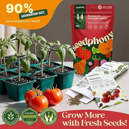 14 Tomatillo &amp; Tomato Seeds for Planting Variety Pack - 990+ Non-GMO Heirloom Vegetable Seeds for Growing Tomato Indoor &amp; Outdoor: Cape Gooseberry, Cherry, Flame, Roma, Beefsteak Tomatoes