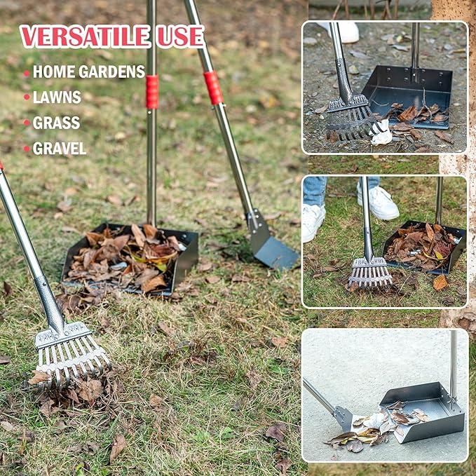 Dog Pooper Scooper Set, Pooper Scooper for Dog, Heavy Duty Stainless Steel Rake with Extra Large Tray &amp; Spade No Bending Clean Up for Pet Waste Removal, for Grass, Dirt Or Gravel.