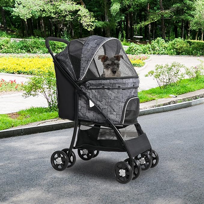 Lightweight Pet Stroller for Small/Medium Dogs and Cats - Foldable Travel Carriage with Storage Basket, Breathable Mesh &amp; 4 Wheels - Up to 33 lbs – Black