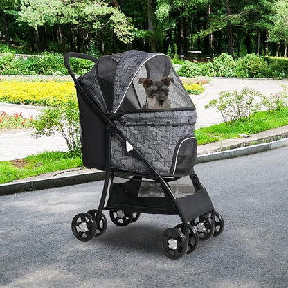 Lightweight Pet Stroller for Small/Medium Dogs and Cats - Foldable Travel Carriage with Storage Basket, Breathable Mesh &amp; 4 Wheels - Up to 33 lbs – Black