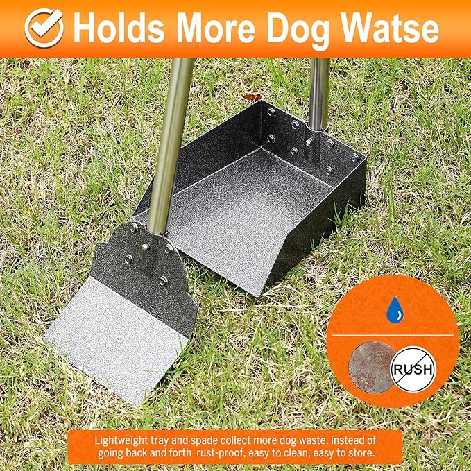 Pooper Scooper, Metal Aluminum Tray and Spade Poop Scoop Set with Adjustable Stainless Steel Long Handle, Pet Waste Removal Heavy Duty Poop Scooper (Small Tray&amp;Spade)