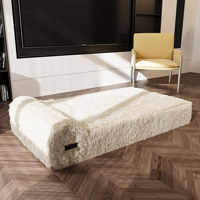 KOPEKS Orthopedic Memory Foam Dog Bed 7" Inch Thick Extra Large Dog Bed with Pillow Fluffy Brown 50"x34"x10" Includes Waterproof Liner &amp; Durable Removable Cover with Smart Design