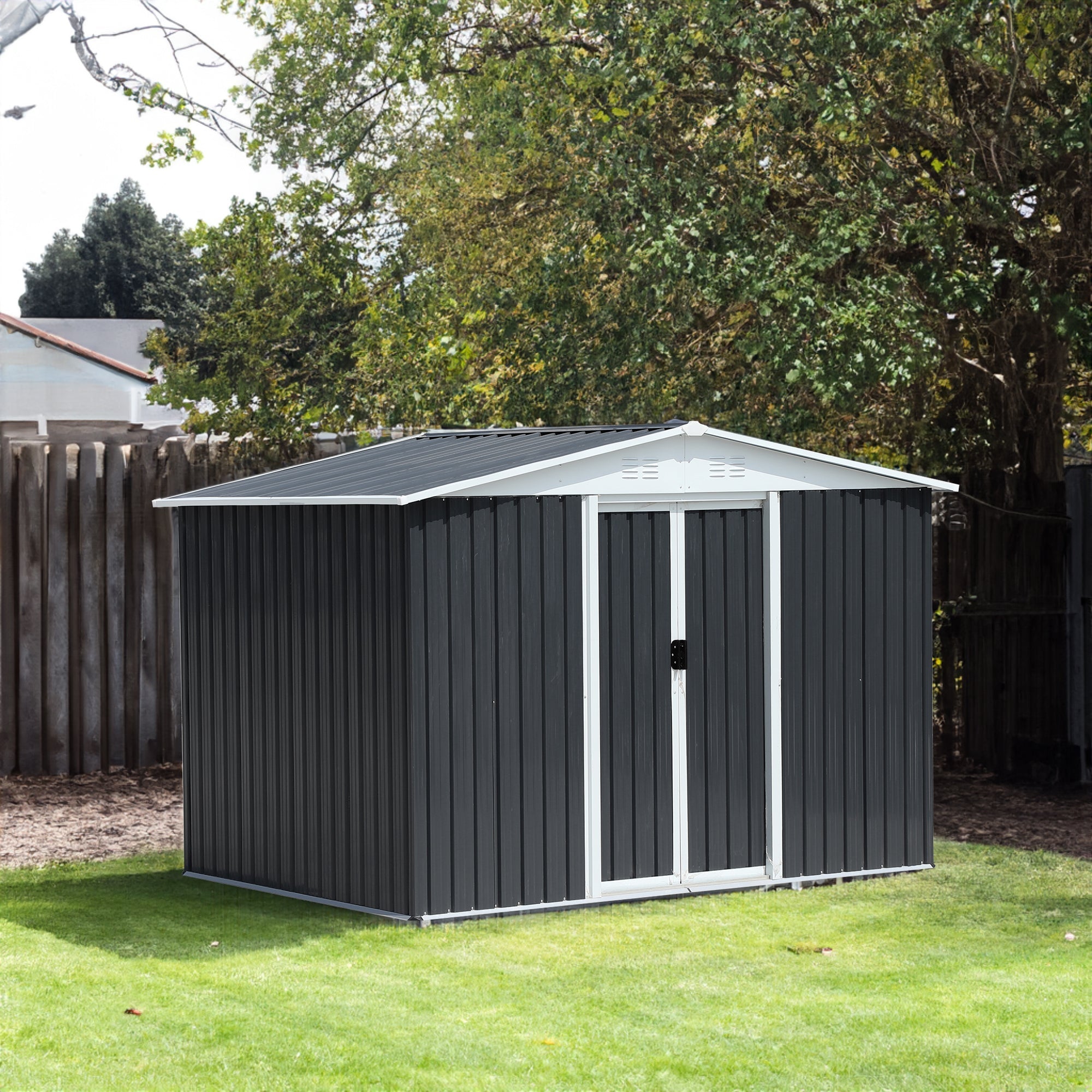 GO 47.2" Large Wooden Dog House Outdoor, Outdoor &amp; Indoor Dog Crate, Cabin Style, With Porch, 2 Doors