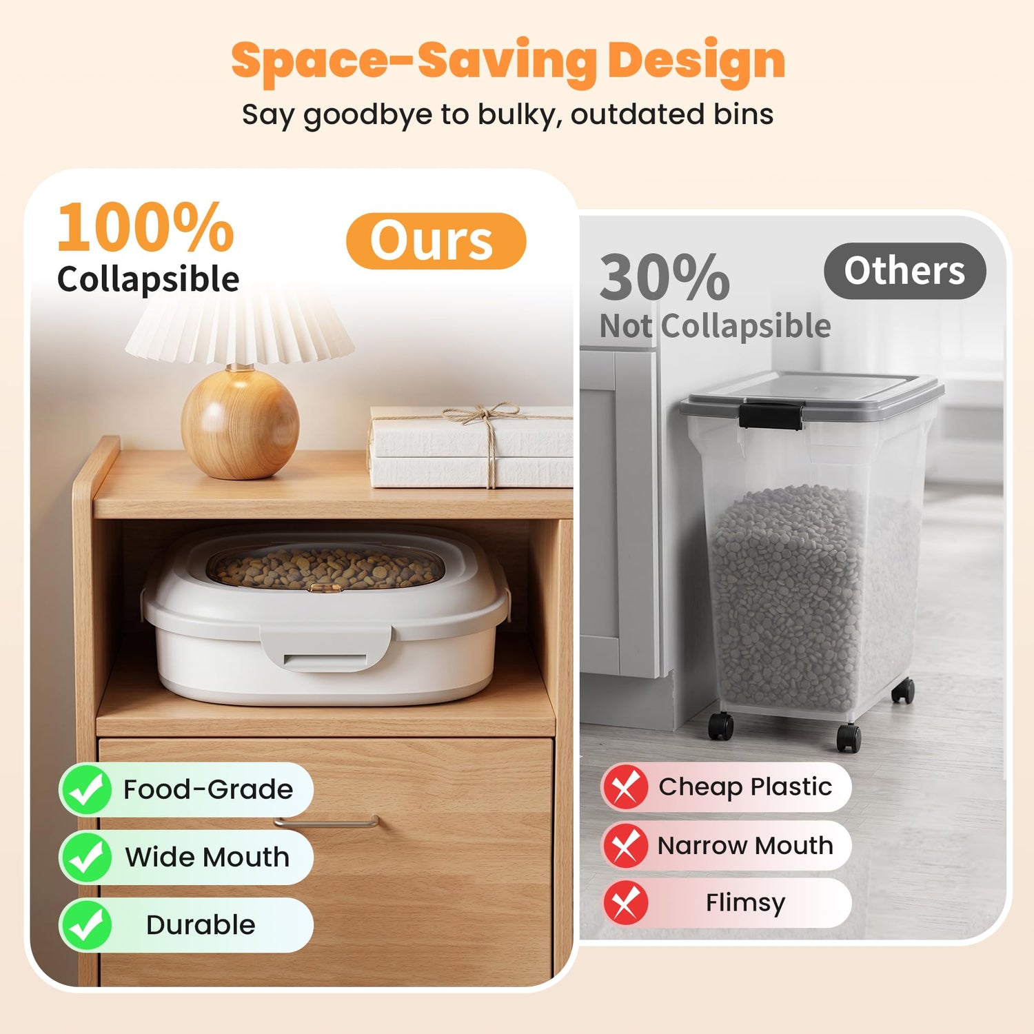 Dog Food Storage Container With Wheels, Collapsible Pet Food Storage Container With Clear Window, Measuring Cup &amp; Scoop, BPA Free Cat Food Container For Rice, Flour, Grain, Bird Seed