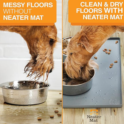 Neater Pet Brands Neater Mat Pet Mats for Food and Water, Cat &amp; Dog Bowl Mat Waterproof Silicone, Feeding Tray, Dog Food Mats for Floors, Placemat w/Raised Edge for Under Bowls, 16” x 10”, Grey