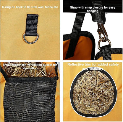 Majestic Ally 1200 D Hay Feeder Tote Bag for Horses, Sheep with Reflective Trim- Reduces Waste - Comes with 36” Hay Net (Orange)