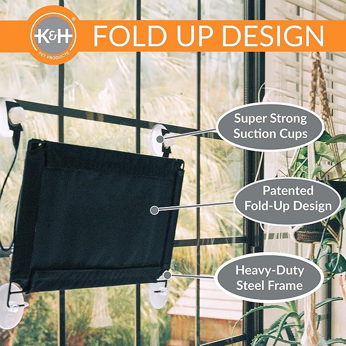 K&amp;H Pet Products EZ Mount Cat Window Perch for Large Cats, Sturdy Kitty Sill Window Hammock Bed, Steel Frame, Sturdy Suction Cups, Washable Shelf Cover, Foldable - Fits 27"W X 23"H Glass Spaces
