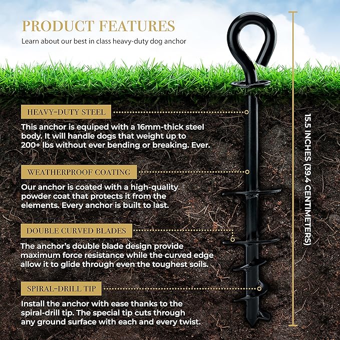 ROYAL-PAW Dog Tie Out Stake - for Large Dogs up to 210 lbs - Heavy Duty Dog Stake for Yard, Beach &amp; Camping Outside - Best in Ground Anchor for a Dog Cable, Leash, Lead Tether (1, Midnight Black)