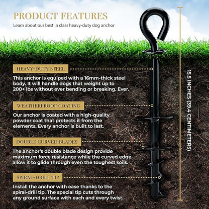 ROYAL-PAW Dog Tie Out Stake - for Large Dogs up to 210 lbs - Heavy Duty Dog Stake for Yard, Beach &amp; Camping Outside - Best in Ground Anchor for a Dog Cable, Leash, Lead Tether (1, Black)