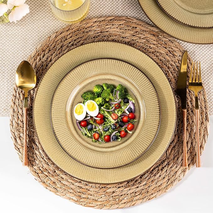GBHOME Ceramic Dinnerware Sets,12 pcs Embossed Elegant Stoneware Plates and Bowls Sets, Housewarming Wedding Gift | Dishwasher &amp; Microwave Safe | Dishes Set Service for 4