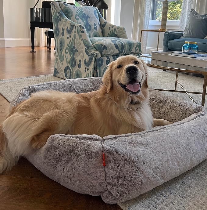FUZI Luxury Aesthetic Dog Bed with Extra Cover for Small Dogs, Washable Pet Couch, Pet Bed with Sides, Non-Slip Bottom, Soft &amp; Durable Calming Dog Bed, Faux Rabbit Fur, Small 25.1x16.75x9.5 Soft White