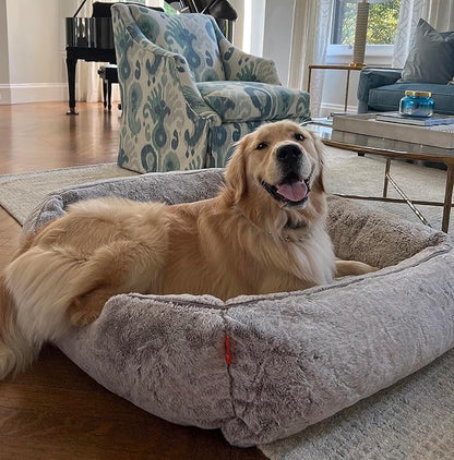 FUZI Luxury Aesthetic Dog Bed with Extra Cover for Small Dogs, Washable Pet Couch, Pet Bed with Sides, Non-Slip Bottom, Soft &amp; Durable Calming Dog Bed, Faux Rabbit Fur, Small 25.1x16.75x9.5 Soft White