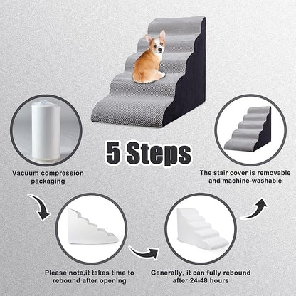 Curved Dog Stairs 24 inches High, Dog Ramp Stairs for Small Dogs for High Beds 20-25 inches Tall, 30D Foam Dog Steps for Beds 24 inches, Pet Stairs/Steps for Old Dogs Cats, Grey