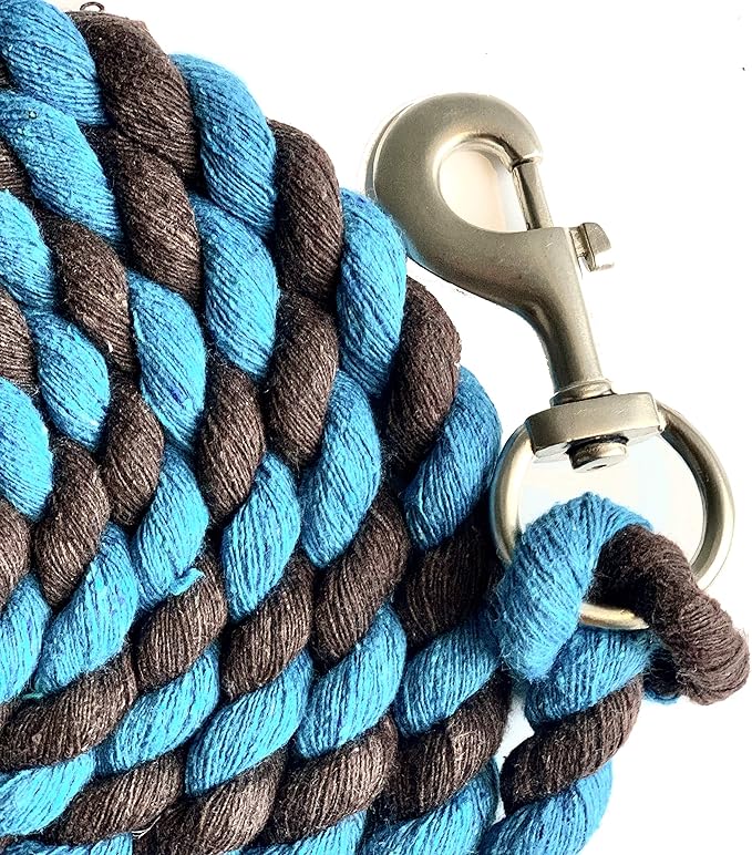 Majestic Ally Pack of 2 Solid Cotton Lead Rope for Horses &amp; Livestock – 10 Foot Long and 5/8 inch Thick - Replaceable Heavy-Duty Satin Bolt Snap – Handmade – Soft, Broken in Feel (Turquoise -Brown)