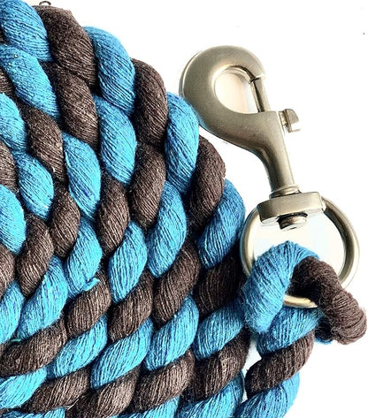 Majestic Ally Pack of 2 Solid Cotton Lead Rope for Horses &amp; Livestock – 10 Foot Long and 5/8 inch Thick - Replaceable Heavy-Duty Satin Bolt Snap – Handmade – Soft, Broken in Feel (Turquoise -Brown)