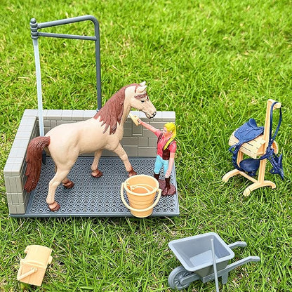 Peagrav Horse Stable Playset with Rider, Wash Area, Fence &amp; Animal Figures - Gifts for Girls &amp; Boys Aged 3-8