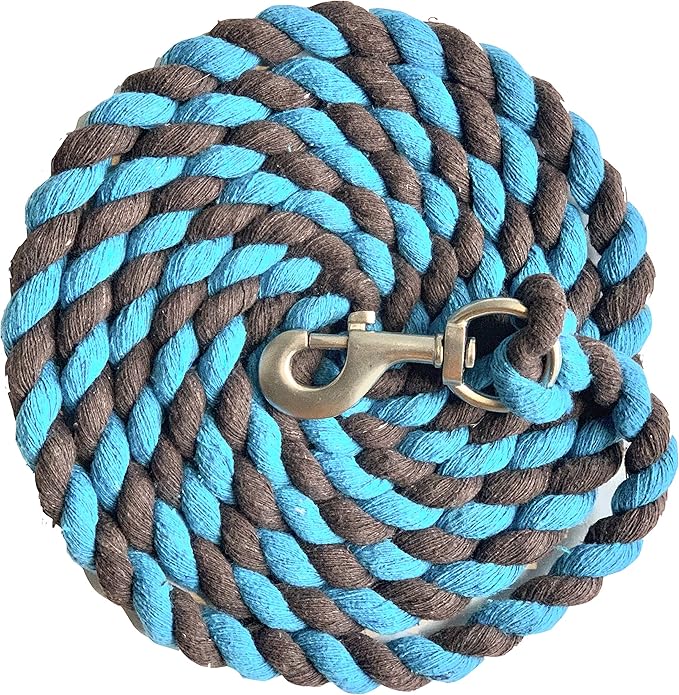 Majestic Ally Pack of 2 Solid Cotton Lead Rope for Horses &amp; Livestock – 10 Foot Long and 5/8 inch Thick - Replaceable Heavy-Duty Satin Bolt Snap – Handmade – Soft, Broken in Feel (Turquoise -Brown)