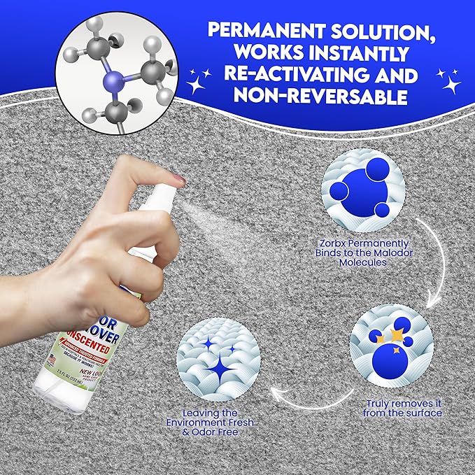 ZORBX Unscented Odor Eliminator for Strong Odor 16 Oz + 7.5 Oz + 2 Oz - Used in Hospitals &amp; Healthcare Facilities - Advanced Formula, Fast-Acting Odor Remover Spray for Dog, Cat, House &amp; Carpet