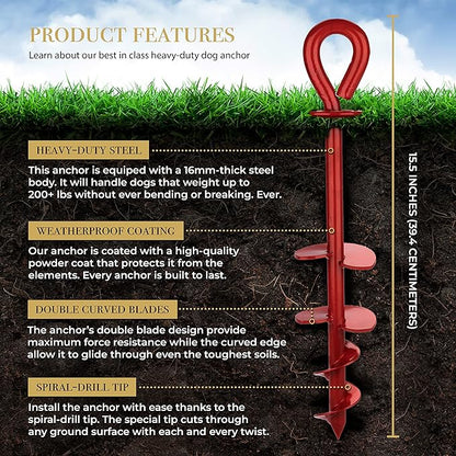 ROYAL-PAW Dog Tie Out Stake - for Large Dogs up to 210 lbs - Heavy Duty Dog Stake for Yard, Beach &amp; Camping Outside - Best in Ground Anchor for a Dog Cable, Leash, Lead Tether (1, Crimson Red)