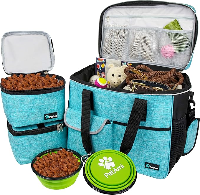 PetAmi Travel Bag Organizer - Dog &amp; Cat Diaper Bag with Food Container and Bowls, Perfect for Weekend Camping (Sea Blue, Large)