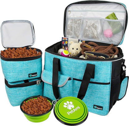 PetAmi Travel Bag Organizer - Dog &amp; Cat Diaper Bag with Food Container and Bowls, Perfect for Weekend Camping (Sea Blue, Large)