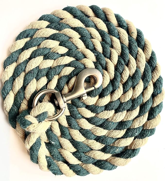 Majestic Ally Pack of 2 Solid Cotton Lead Rope for Horses &amp; Livestock – 10 Foot Long and 5/8 inch Thick - Replaceable Heavy-Duty Satin Bolt Snap – Handmade – Soft, Broken in Feel (Hunter Green -Tan)