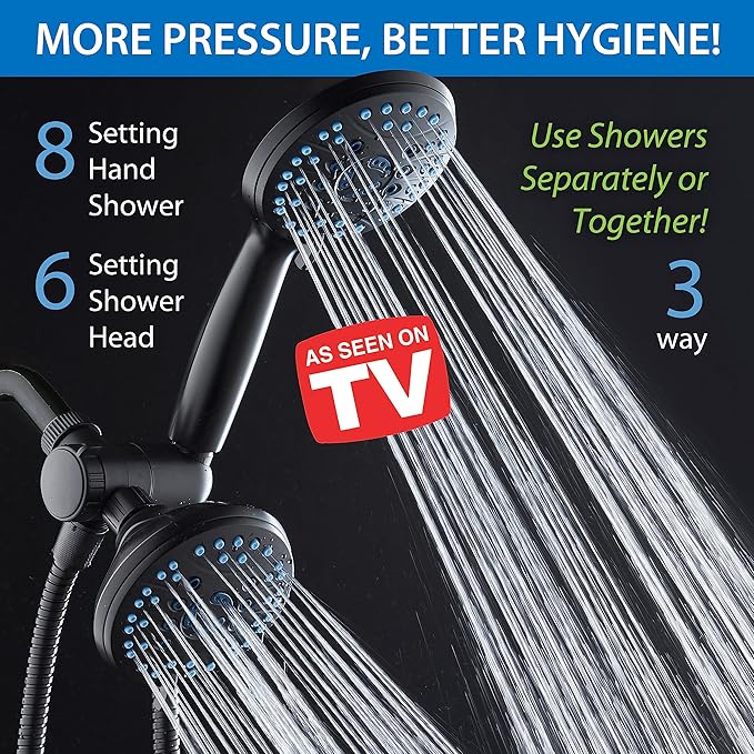 Hotel Spa AquaCare As-Seen-On-TV High Pressure 48-setting Rain &amp; Handheld 3-way Shower Head Combo - Anti-clog Nozzles/Tub, Tile &amp; Pet Power Wash/Extra Long 6 ft. Hose/Matte Black Finish