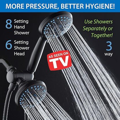 Hotel Spa AquaCare As-Seen-On-TV High Pressure 48-setting Rain &amp; Handheld 3-way Shower Head Combo - Anti-clog Nozzles/Tub, Tile &amp; Pet Power Wash/Extra Long 6 ft. Hose/Matte Black Finish