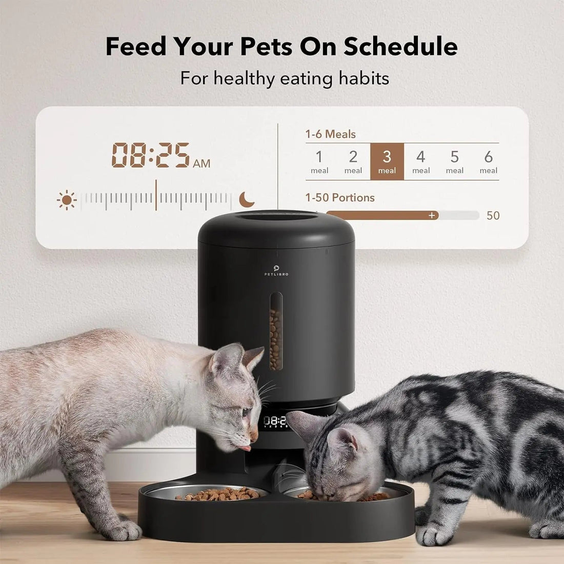 Automatic Cat Feeder with Timer, 6 Meals/Day, Freshness Lock &amp; Low Food Sensor. Smart Dry Food Dispenser for Cats &amp; Dogs