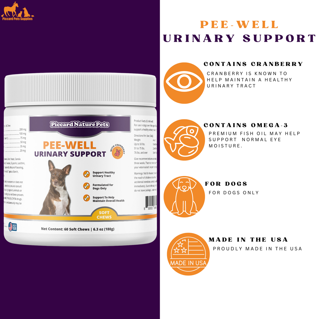 PiccardNaturePets Pee-Well Urinary Bladder Support Soft Chews for Dogs 60 Count