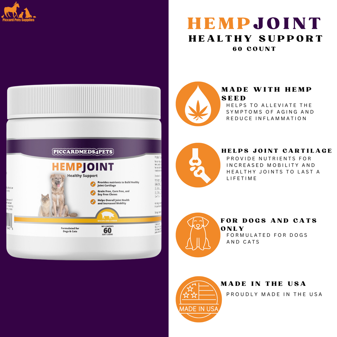 Piccardmeds4pets Hemp + MSM Joint Support Chews for Dogs and Cats 60 Count