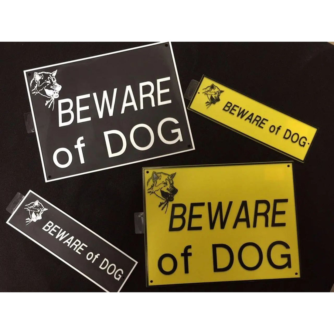 Beware Of Dog Signs Plastic Durable &amp; Visible Black or Yellow 9 x 11" or 3 x 10"