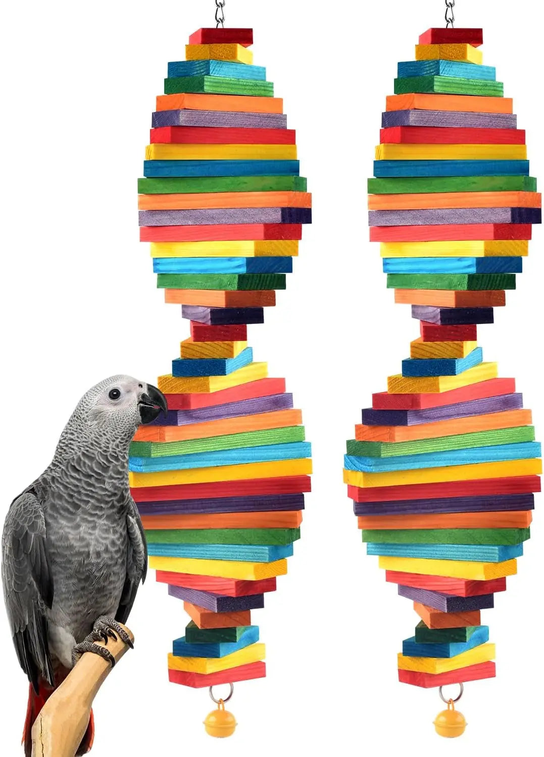 Bird Chew Toy with Wooden Blocks, Hanging Parrot Toy for Medium to Large Birds