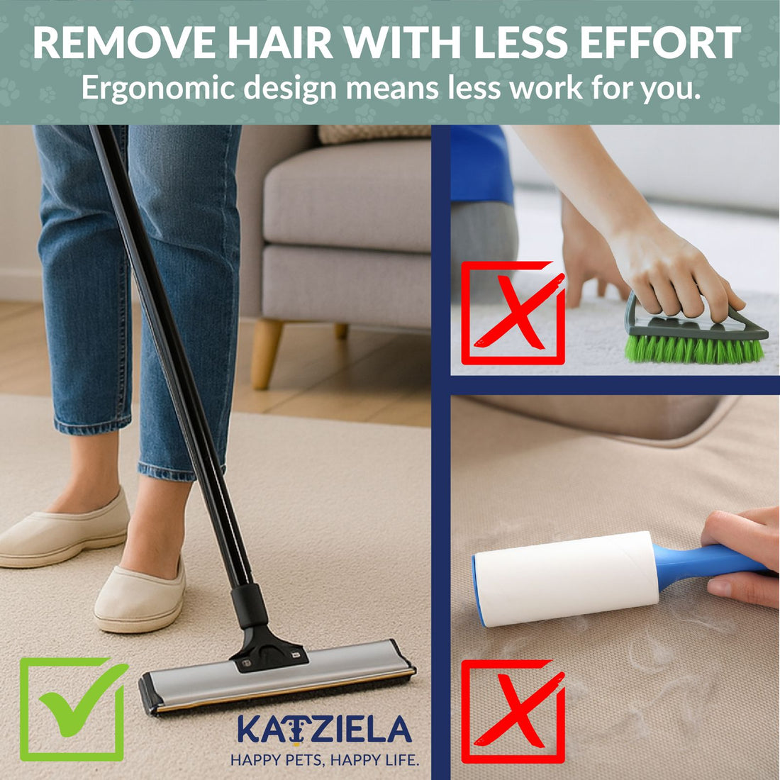 Katziela DuoSweep Broom – Dual-Sided Pet Hair Remover with Metal &amp; Rubber Blade