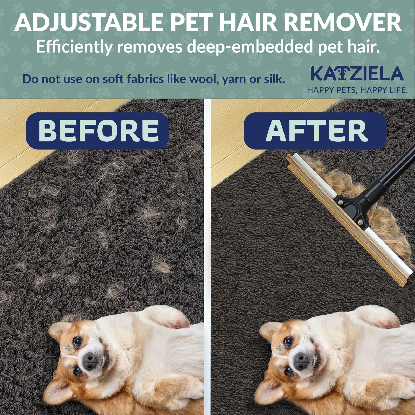 Katziela DuoSweep Broom – Dual-Sided Pet Hair Remover with Metal &amp; Rubber Blade