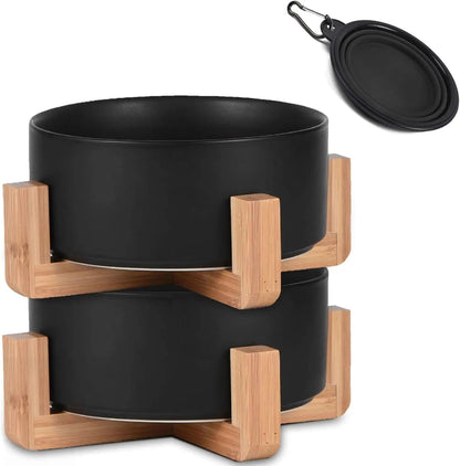 Ceramic Cat &amp; Small Dog Bowl Set with Stand 13.5oz Non Slip Double
