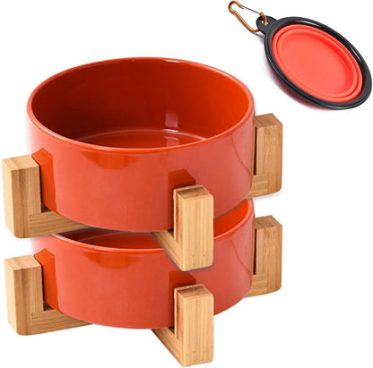 Ceramic Cat &amp; Small Dog Bowl Set with Stand 13.5oz Non Slip Double