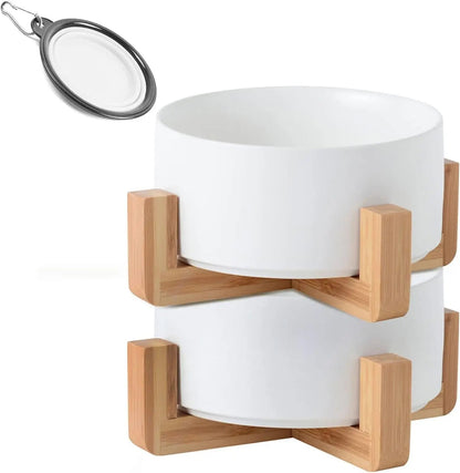 Ceramic Cat &amp; Small Dog Bowl Set with Stand 13.5oz Non Slip Double
