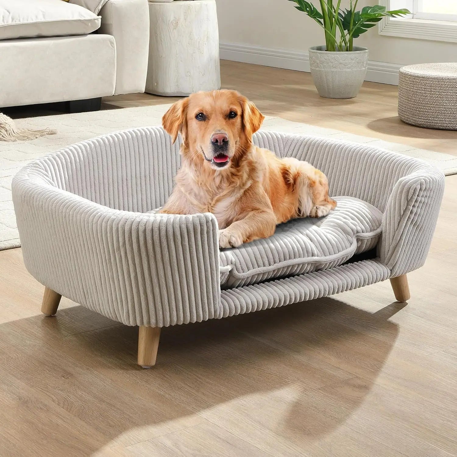 Elevated Dog Sofa Bed Corduroy Pet Couch with Wooden Legs 30 Inch
