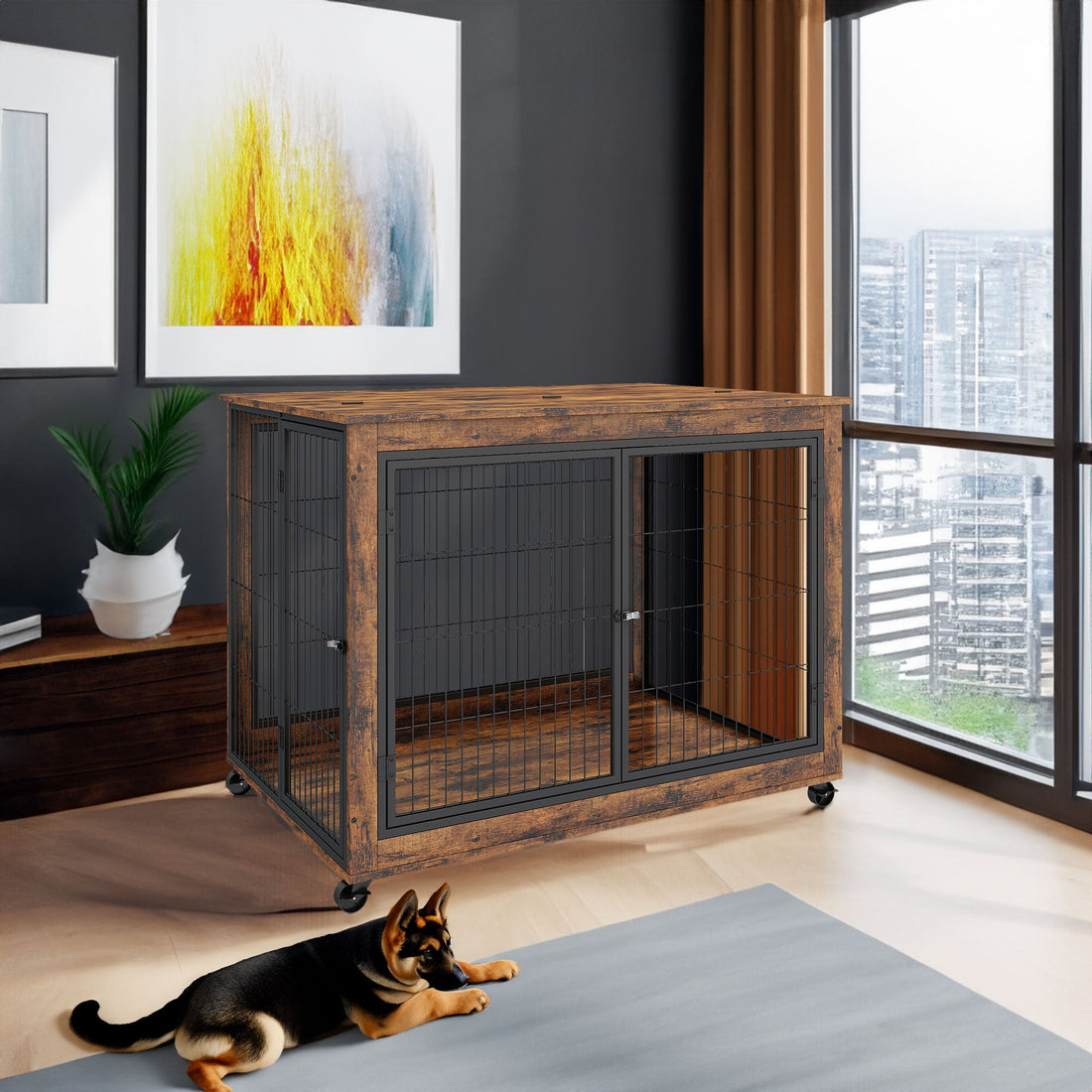 Furniture Style Dog Crate Side Table on Wheels with Double Doors and Lift Top. Rustic Brown, 43.7&