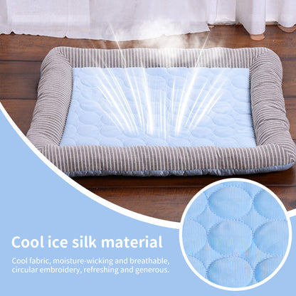 Cooling pet mats for dogs &amp; cats (puppies/kittens): ice silk, breathable, soft summer pads in pink/blue.