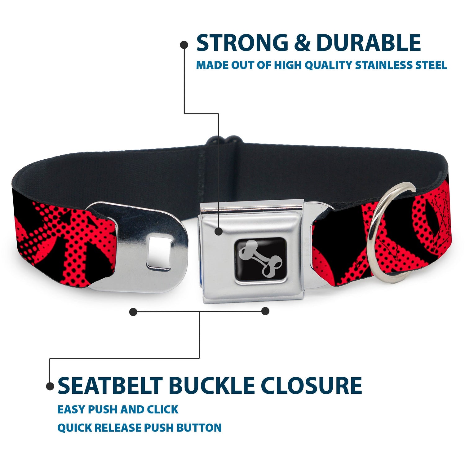 Dog Bone Seatbelt Buckle Collar - Peace Dots Black/Fuchsia